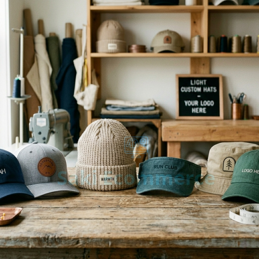 A collection of simple custom hats, including a baseball cap, trucker hat, beanie, visor, and bucket hat, lined up on a wooden workbench.