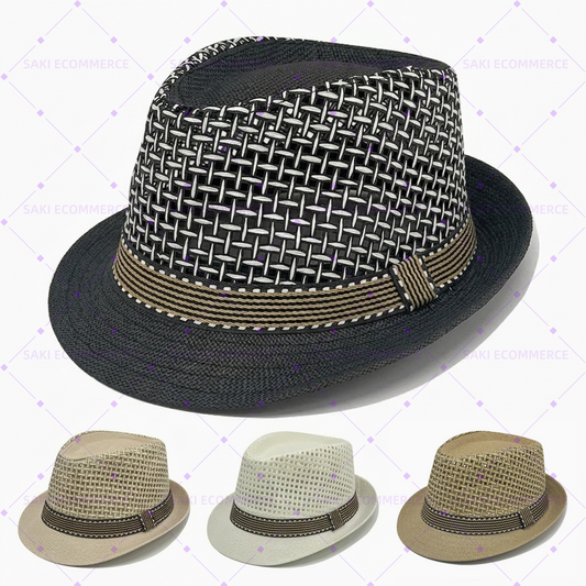 Breathable Grid-Woven Crown with Striped Fabric Band  Fedora Straw Hat
