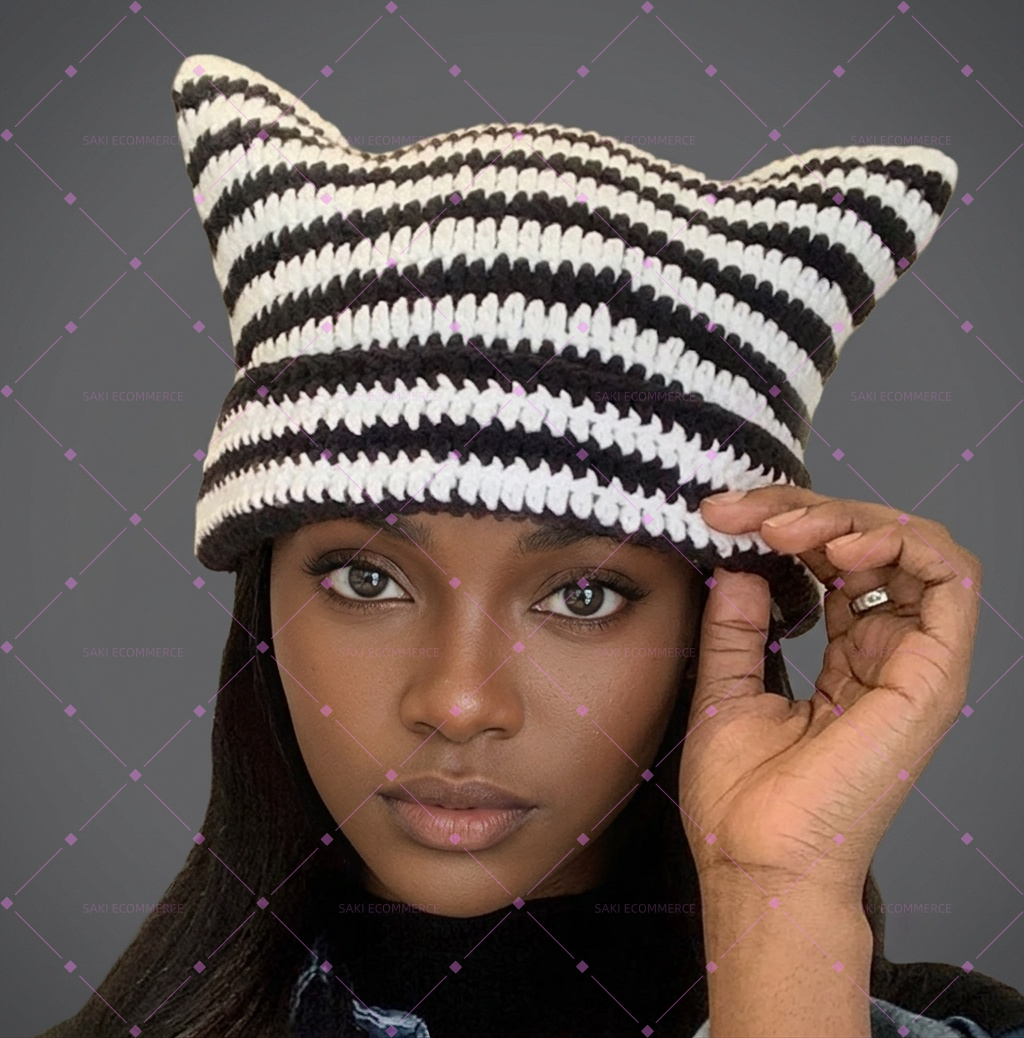Crochet Cat-Ear Striped Knit Beanie Hat