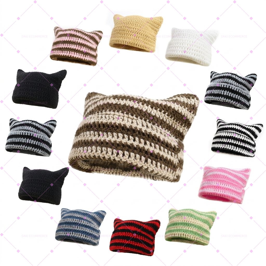 Crochet Cat-Ear Striped Knit Beanie Hat