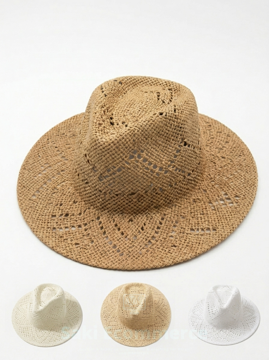 Crochet Diamond-Lace Hollow-Out Straw Fedora Sun Hat
