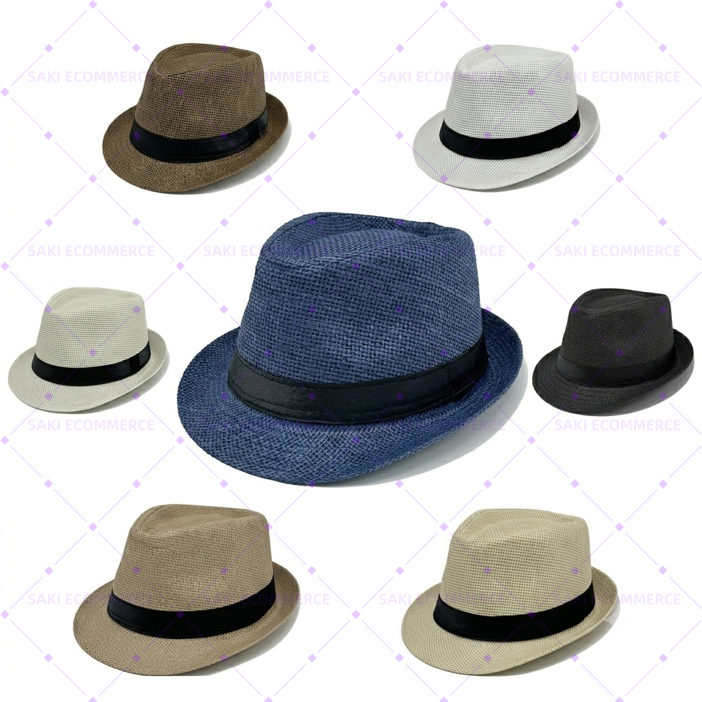 Fine-Thread Grid-Weave Paper with Black Deco Band Fedora Straw Hat