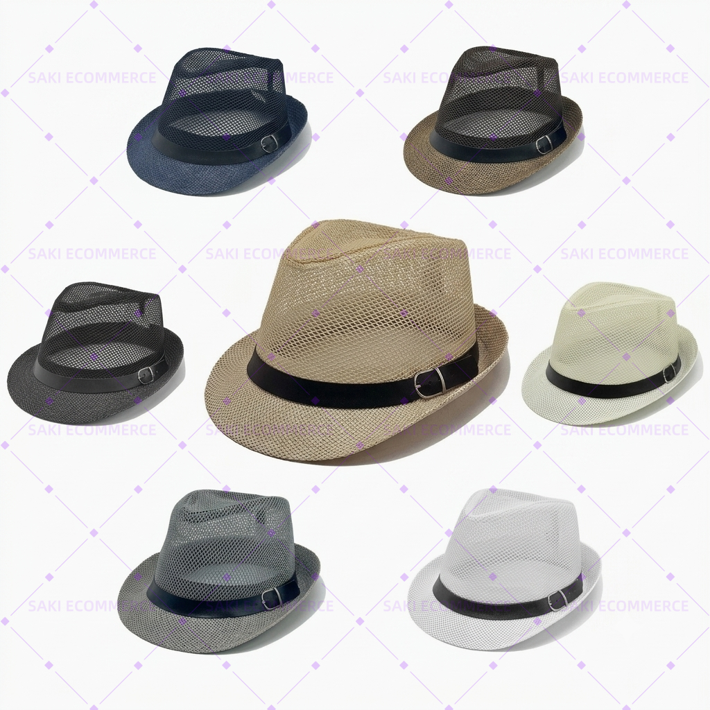 Mesh Nylon Crown Paper Straw Brim with Decorative Leather Belt Fedora Straw Hat