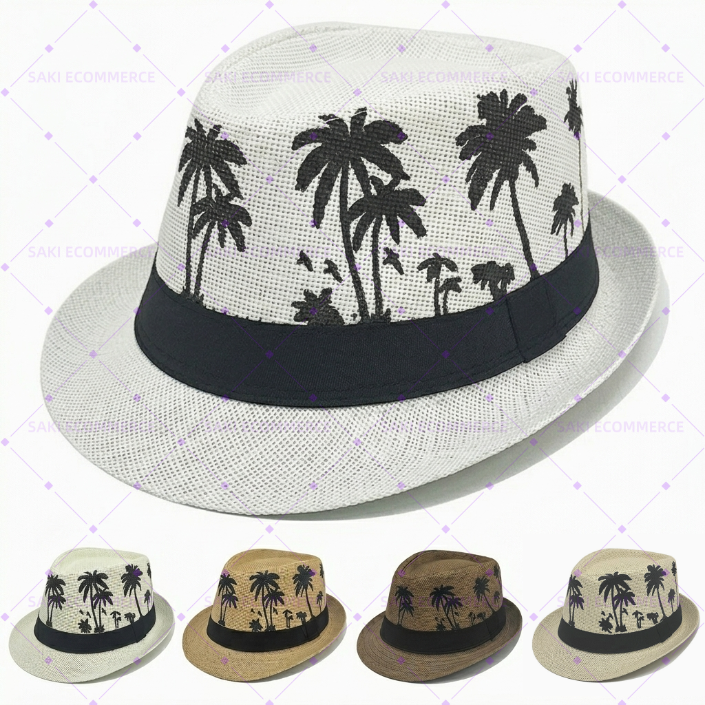 Palm Tree Print Around the Crown Fedora Straw Hat