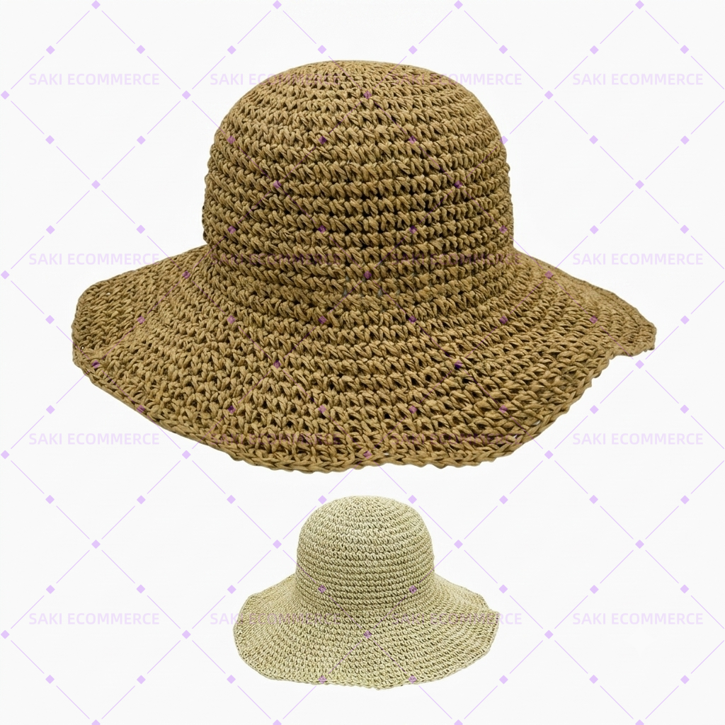 Round Top Foldable Crochet-Style Interlocking Stitch Straw Hats
