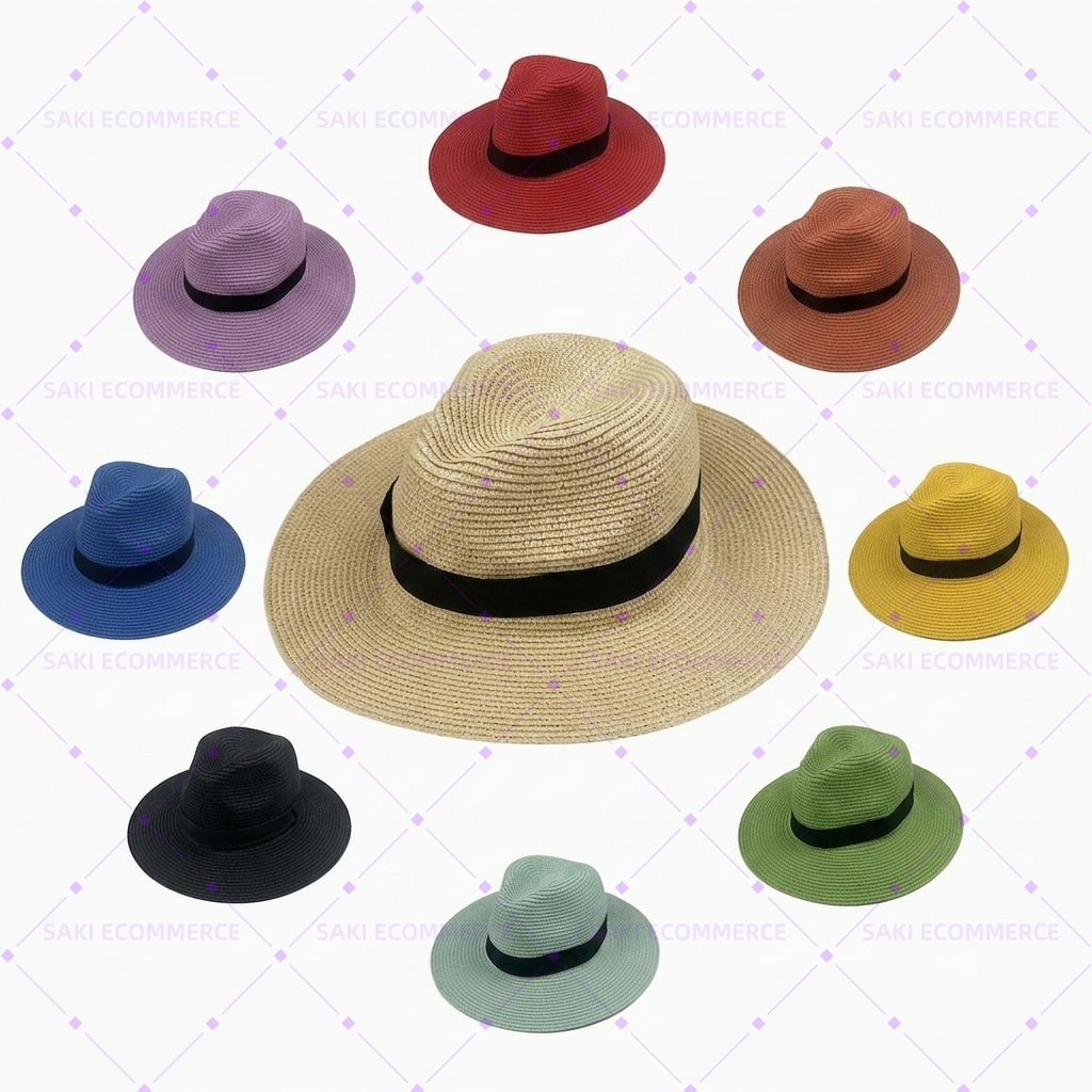 Unisex Black Wide Belt Accent Wide Brim Paper Panama Straw Hat