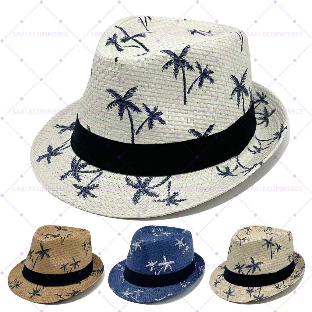 Unisex Palm Tree Print Fedora with Black Band Straw Hat
